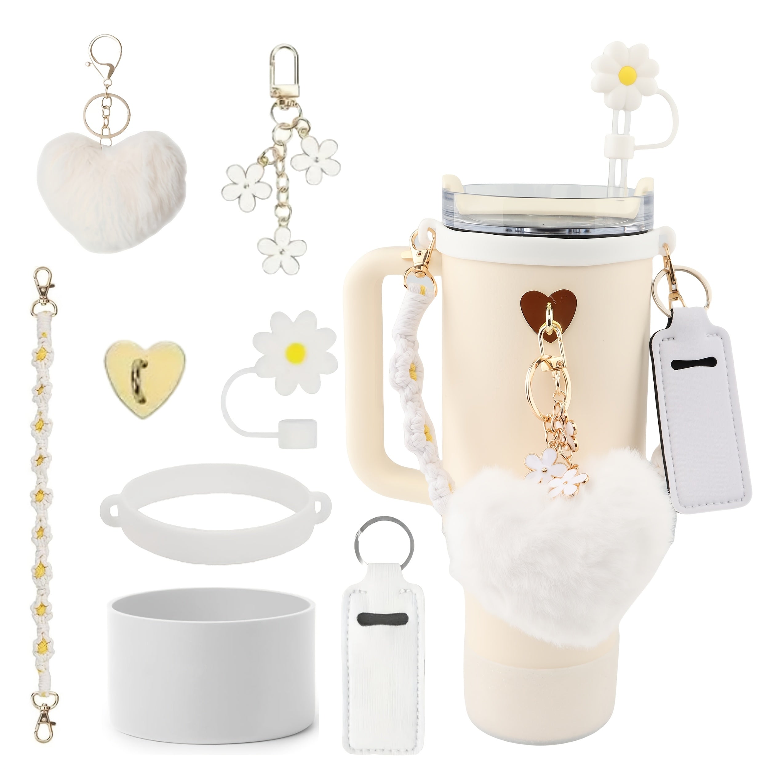 Exquisite 8pcs Cup Accessory Set 40 Ounces: Our Cup Accessory Set Includes Silicone Straw Cap, Rubber Cup Ring, Pearl Chain, Keychain, Bottle Boots, Heart-shaped Keychain, And Heart-shaped Hook, Stylish And Of Excellent Quali